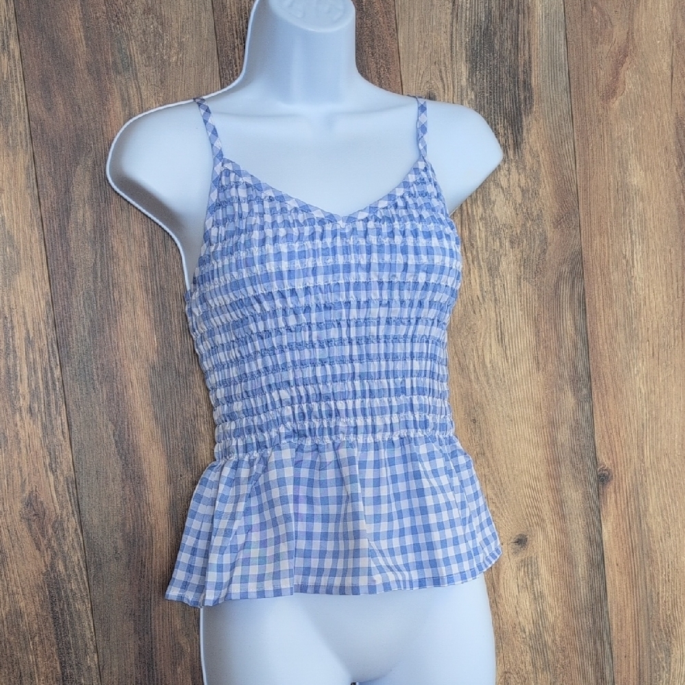 ROMWE Blue and White Smocked Peplum Camisole Tank S